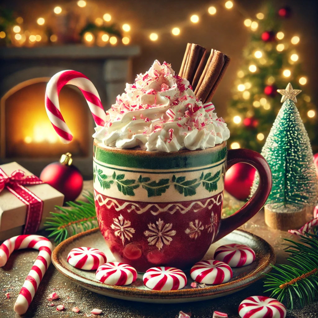 ozy holiday scene featuring a cup of rich, creamy candy cane cocoa topped with whipped cream and sprinkled with crushed candy canes. The cocoa is s