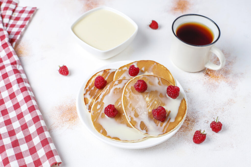 Delicious pancakes with condensed milk.