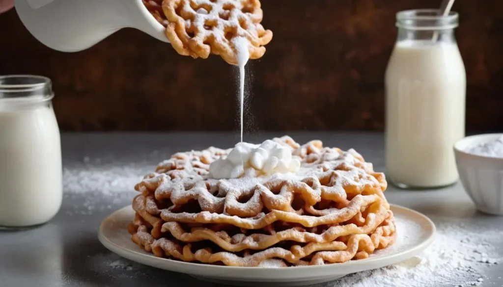 Close-up of funnel cake batter being poured into hot oil, frying to a golden brown.